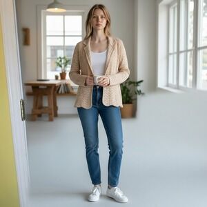 Madison Studio Beige Cotton Pointelle Knit Blazer Cardigan Jacket Beige Medium